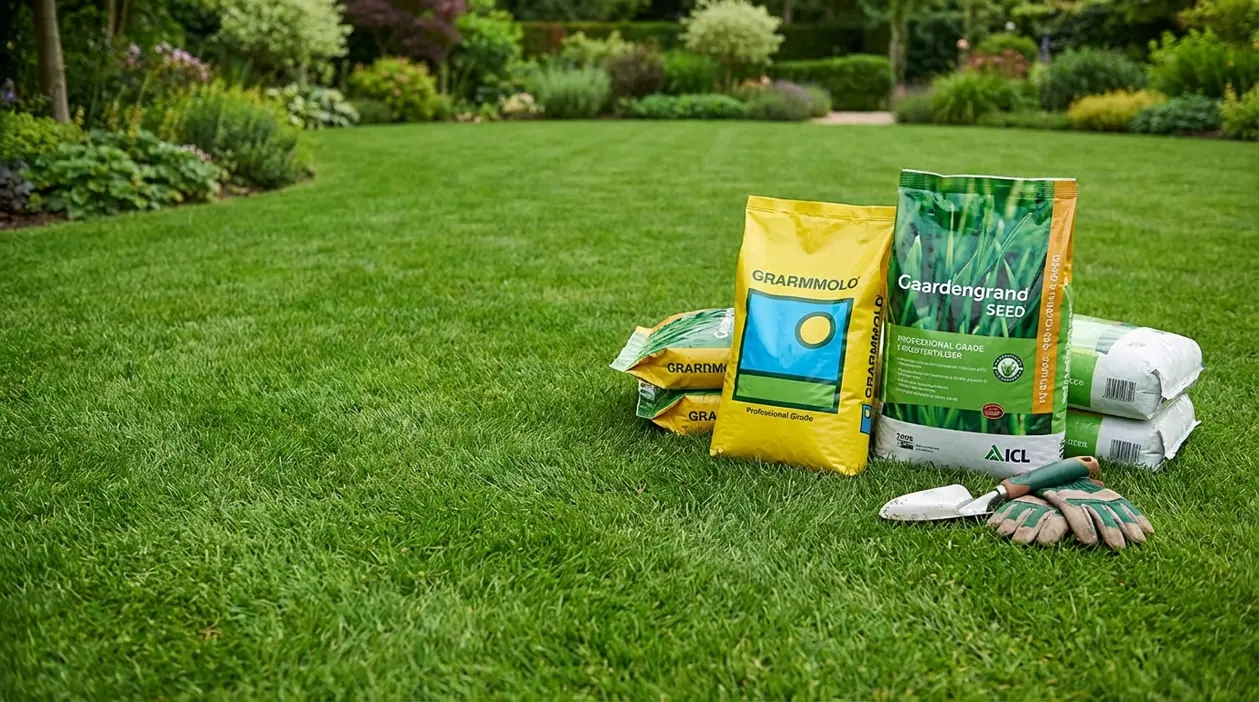 Sacco di semi e attrezzi da giardinaggio su un prato fitto e curato in giardino