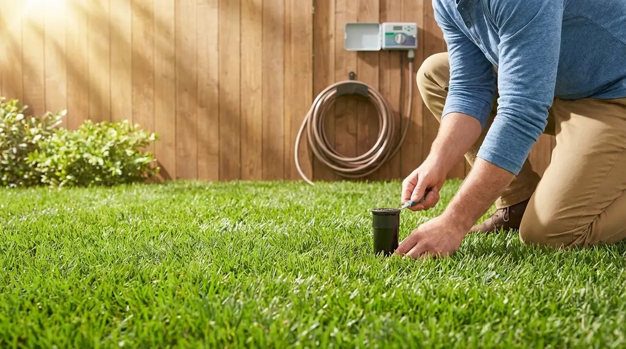 Persona regola un irrigatore automatico sul prato per mantenerlo verde risparmiando acqua
