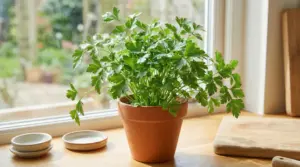 Pianta di prezzemolo fresco in vaso sul davanzale della cucina, illuminata dalla luce naturale