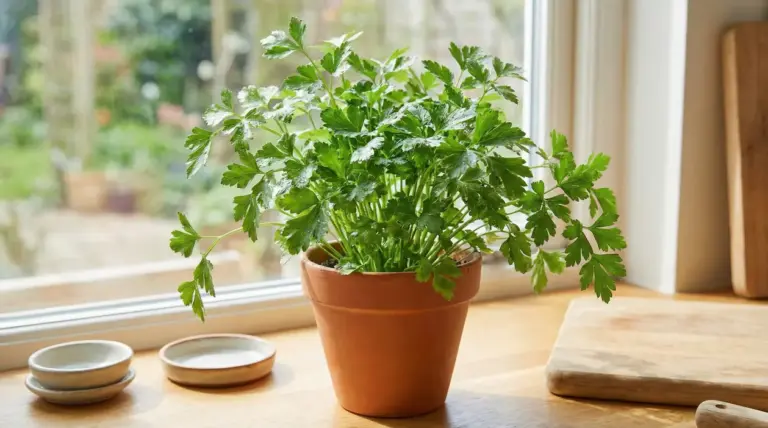 Pianta di prezzemolo fresco in vaso sul davanzale della cucina, illuminata dalla luce naturale