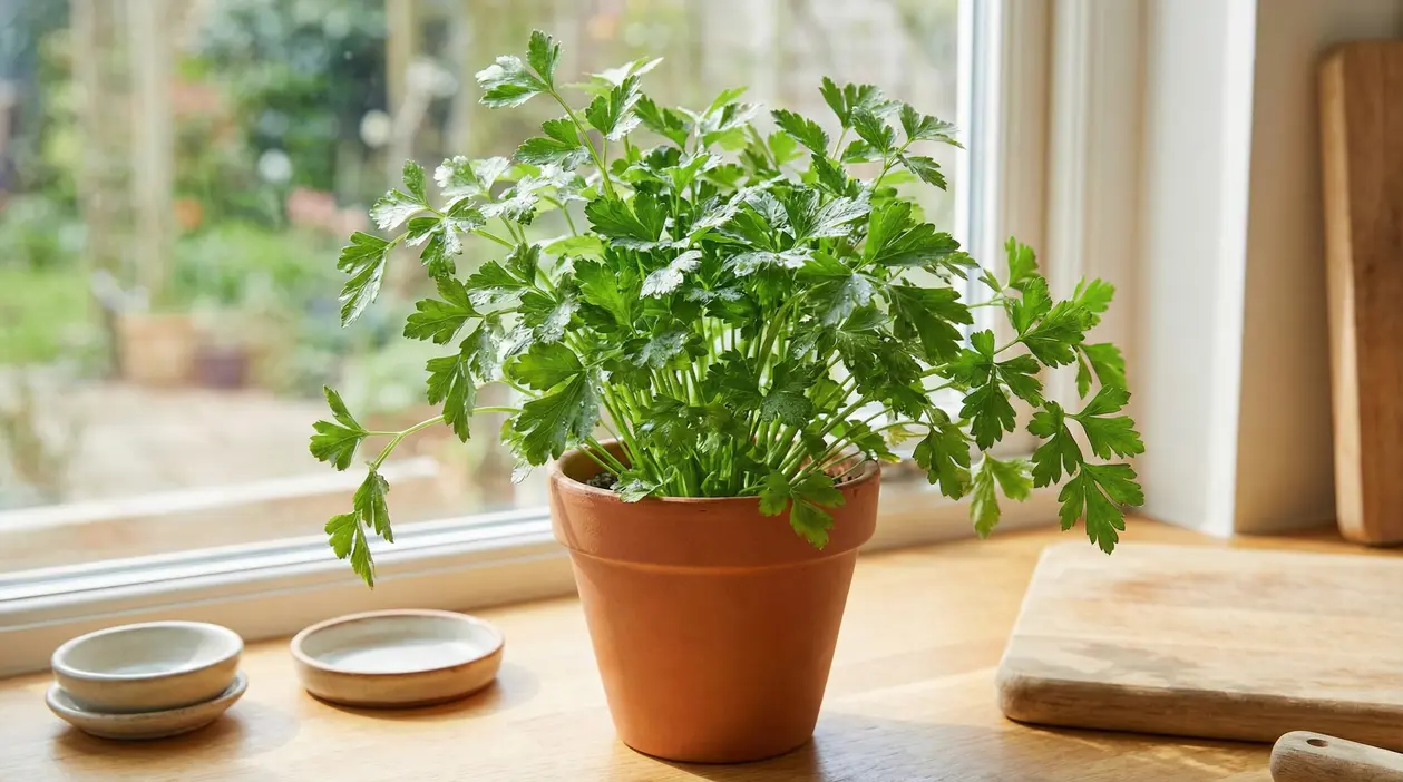Pianta di prezzemolo fresco in vaso sul davanzale della cucina, illuminata dalla luce naturale
