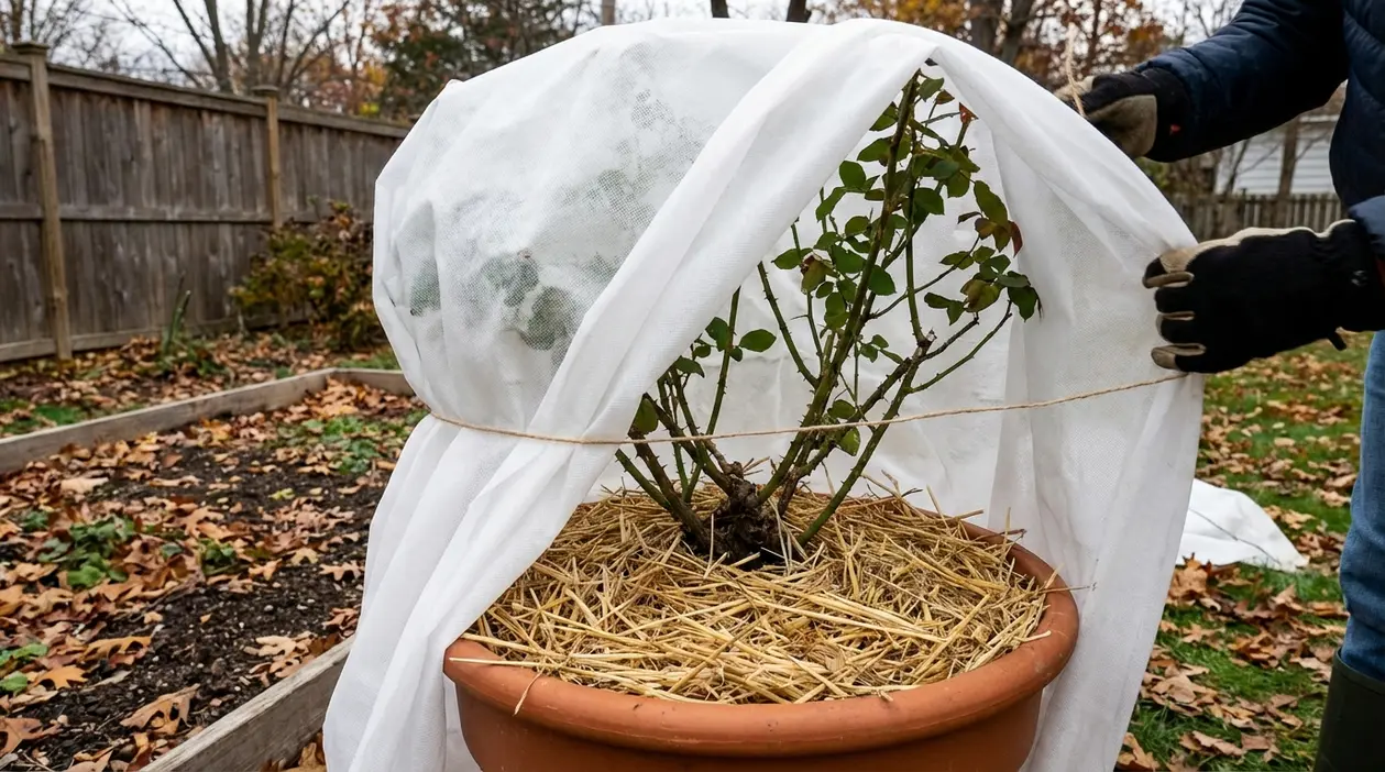 Protezione invernale di una rosa in vaso con telo e pacciamatura di paglia in giardino