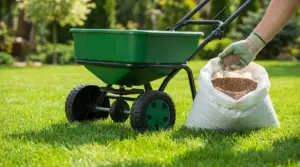 Persona concima il prato con uno spandiconcime e fertilizzante granulare in giardino