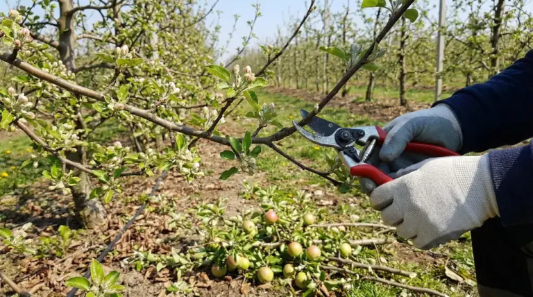 Persona che pota un ramo di melo in fiore con cesoie in un frutteto