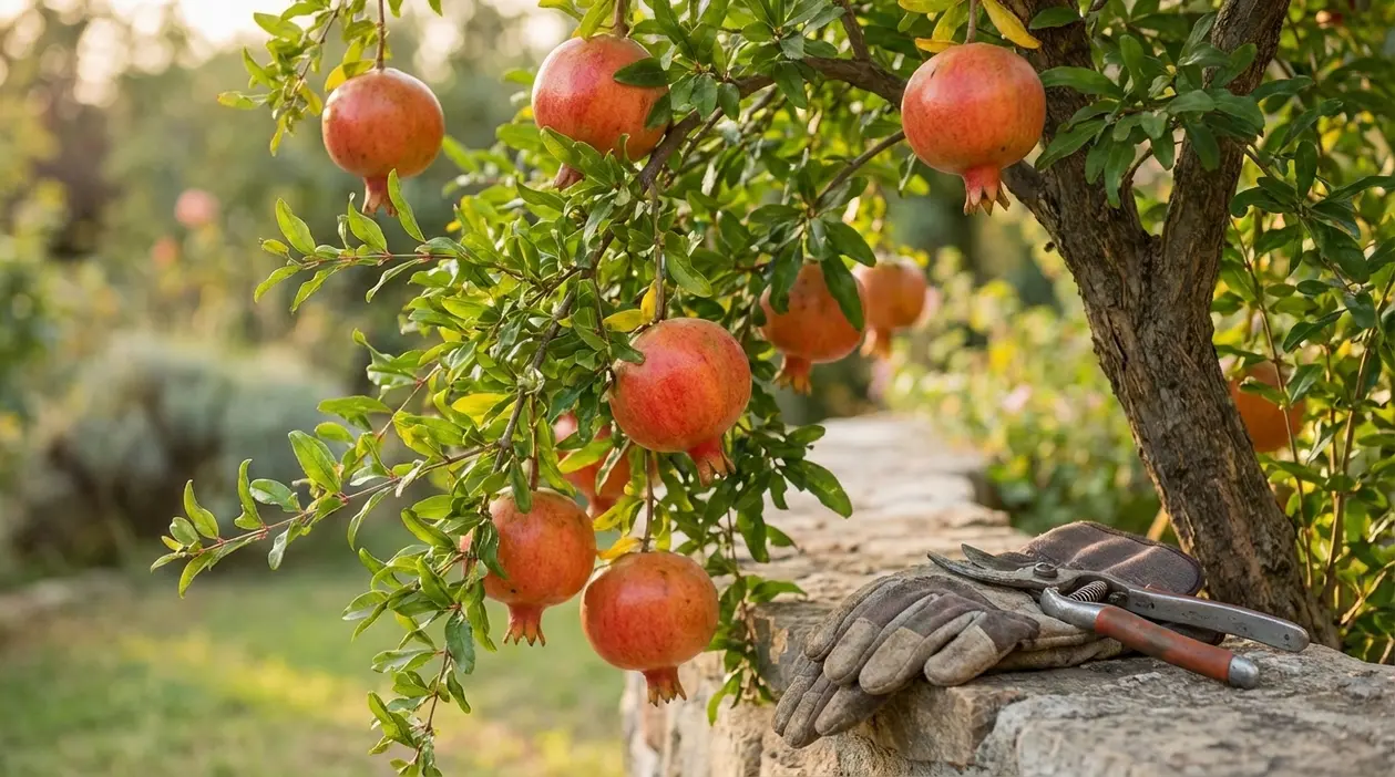 Melograno con frutti maturi sull'albero e cesoie da potatura appoggiate accanto al tronco