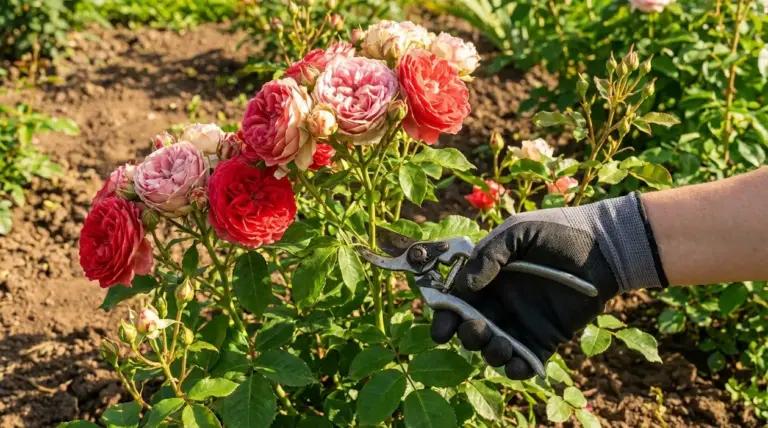 Mano con guanto che pota un cespuglio di rose rosa e rosse in giardino con cesoie da potatura
