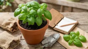 Pianta di basilico in vaso su tavolo di legno con semi, paletta e taccuino da giardinaggio