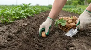 Mani con guanti che piantano una patata in un solco dell’orto, con cesta di patate e paletta da giardino
