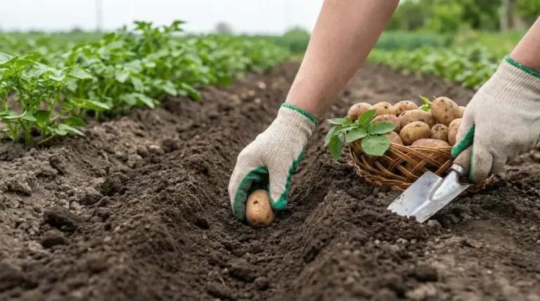 Mani con guanti che piantano una patata in un solco dell’orto, con cesta di patate e paletta da giardino