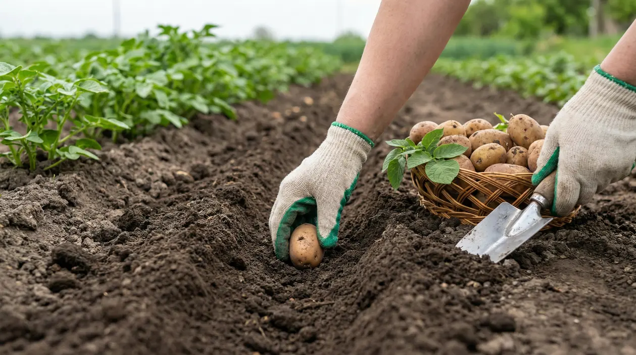 Mani con guanti che piantano una patata in un solco dell’orto, con cesta di patate e paletta da giardino