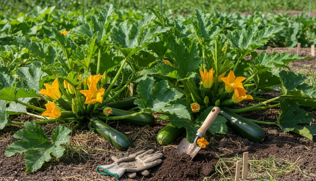 Piante di zucchine nell’orto con fiori gialli, frutti maturi e attrezzi da giardinaggio sul terreno