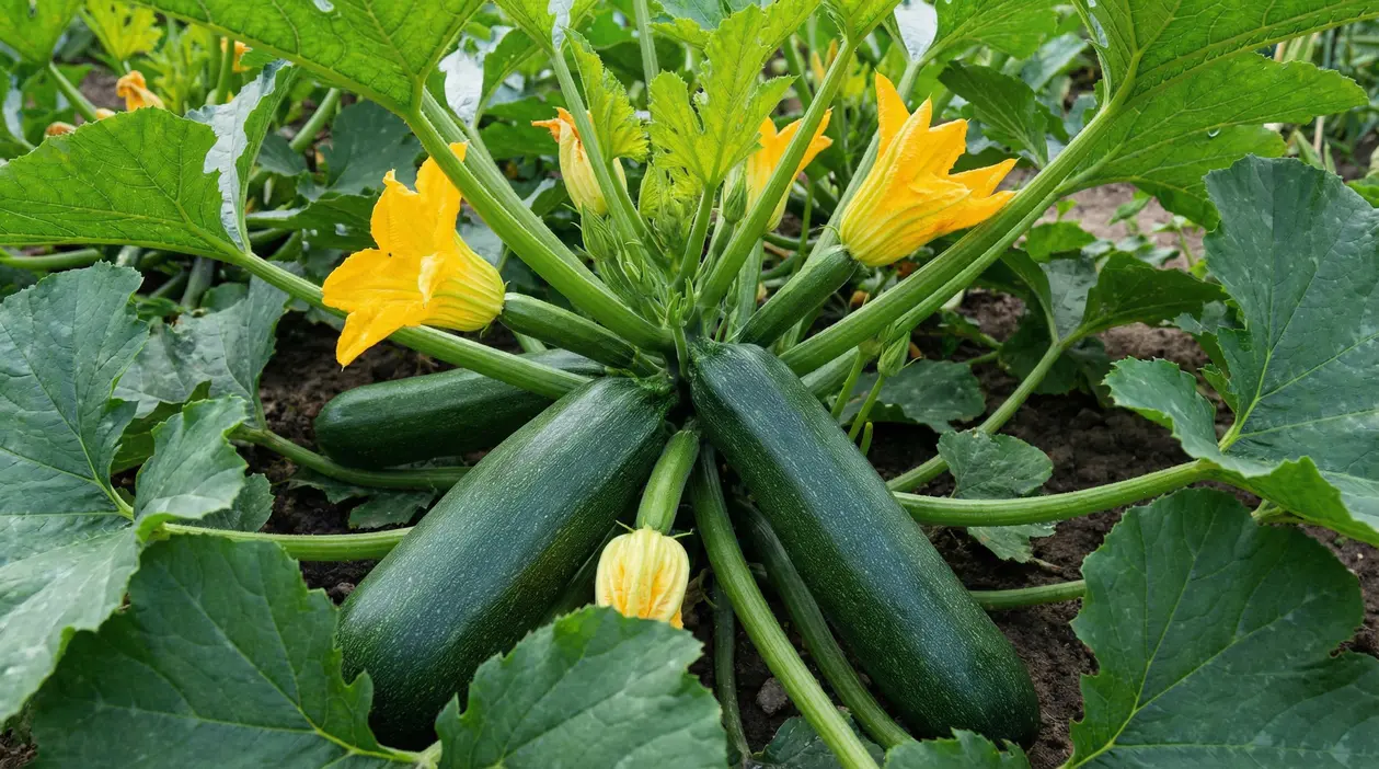 Pianta di zucchine nell’orto con frutti verdi e fiori gialli tra le foglie, pronta per un raccolto abbondante