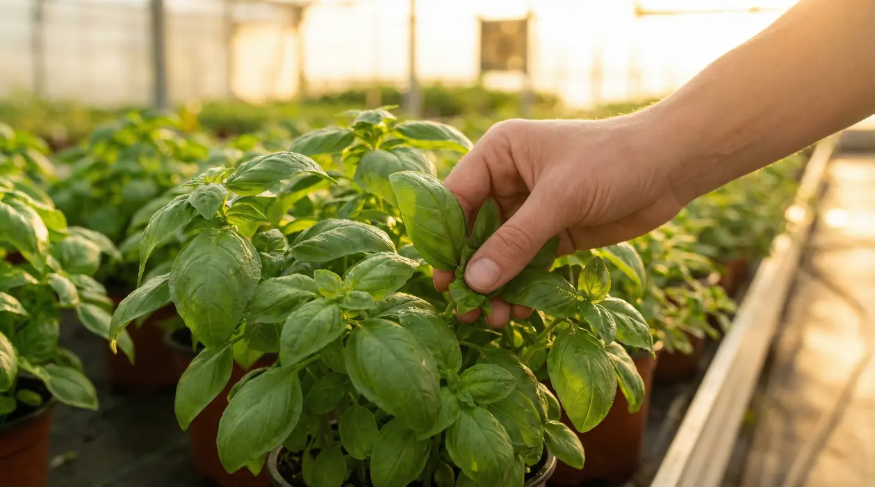 Mano che raccoglie foglie di basilico fresco in serra, tra piante verdi in vaso illuminate dal sole