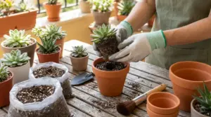 Persona con guanti rinvasa una pianta grassa in un vaso di terracotta su tavolo con terriccio e altre succulente