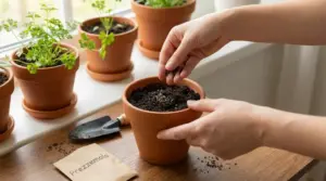 Mani che seminano prezzemolo in un vaso di terracotta su davanzale, con piantine verdi sullo sfondo