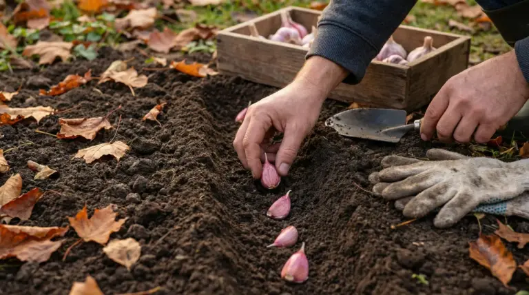 Mani che piantano spicchi d’aglio in un solco di terra scura in autunno, con attrezzi da giardinaggio e cassa di bulbi