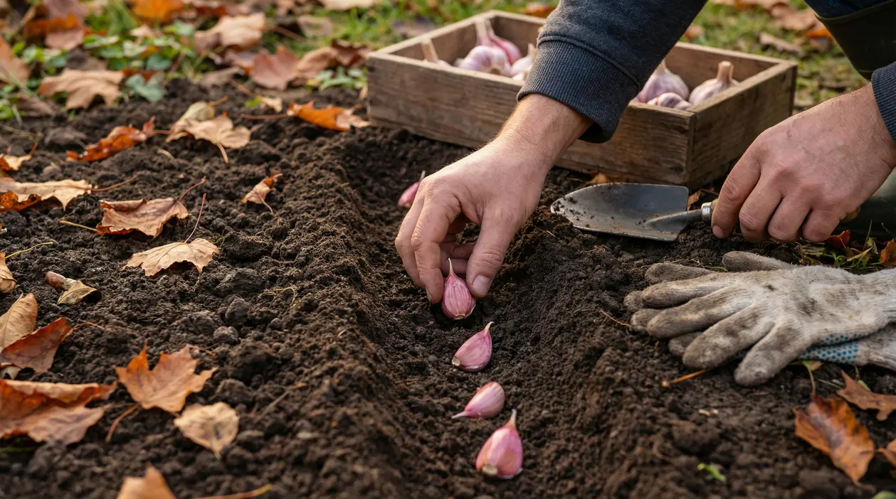 Mani che piantano spicchi d’aglio in un solco di terra scura in autunno, con attrezzi da giardinaggio e cassa di bulbi