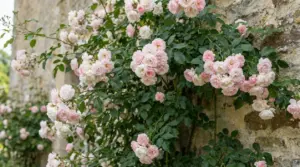 Rosa rampicante con fiori rosa tenue e foglie verdi che ricopre un muro in pietra