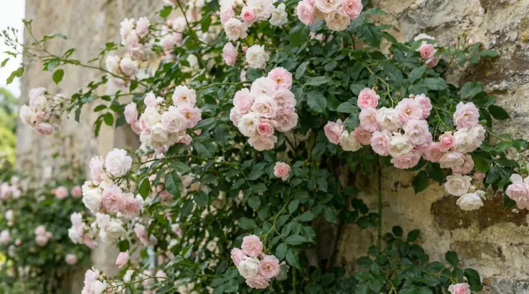 Rosa rampicante con fiori rosa tenue e foglie verdi che ricopre un muro in pietra