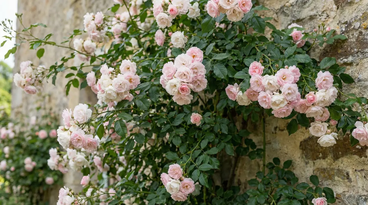 Rosa rampicante con fiori rosa tenue e foglie verdi che ricopre un muro in pietra
