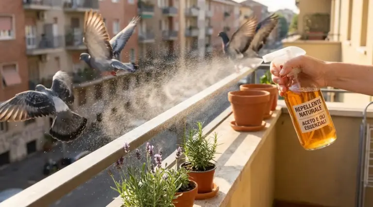 Piccioni che si allontanano da un balcone mentre una persona spruzza un repellente naturale sulla ringhiera