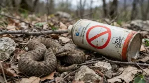 Vipera su foglie secche accanto a una bomboletta abbandonata nel bosco, simbolo di repellente pericoloso
