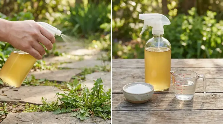 Spray con diserbante naturale su erbacce tra le pietre e ingredienti (sale e liquido) su un tavolo da giardino