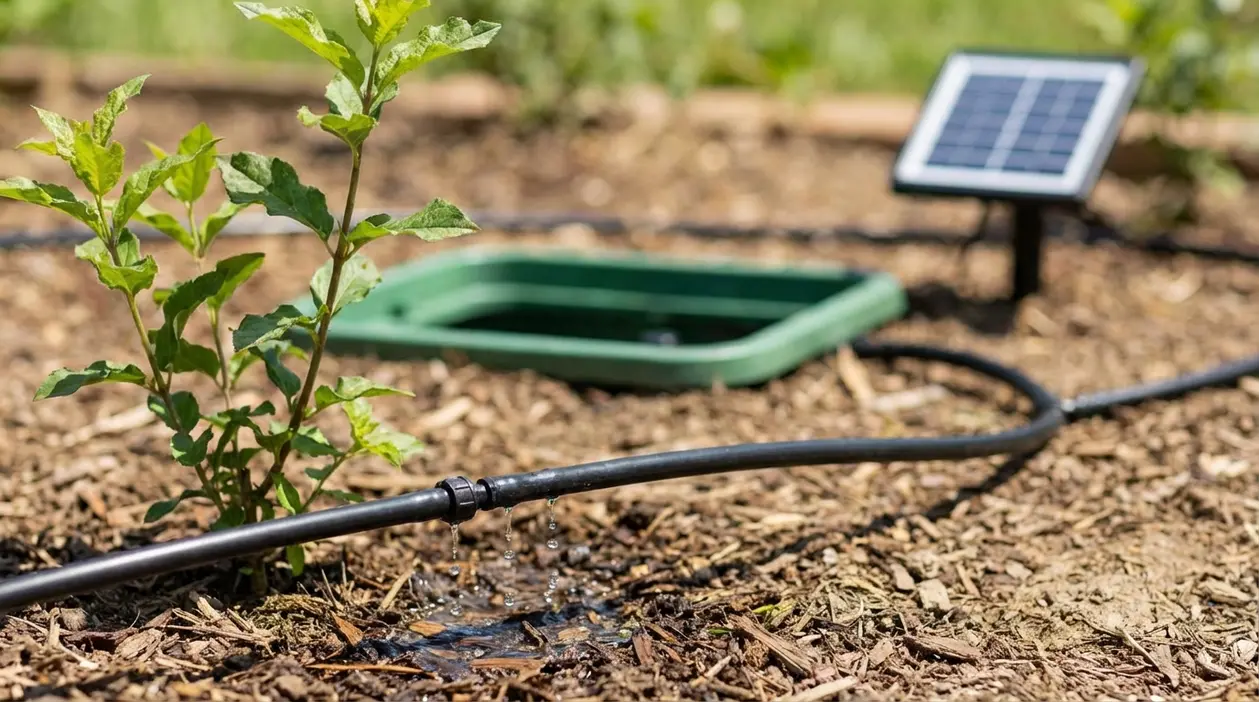 Impianto di irrigazione a goccia in giardino con pacciamatura e centralina solare per ridurre il consumo d’acqua