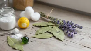 Rimedi naturali contro i pesciolini d’argento: sale, limone, lavanda e foglie di alloro su un tavolo