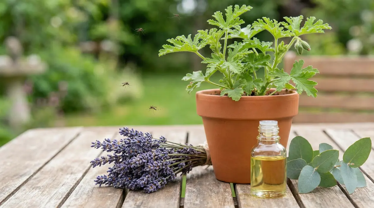 Pianta aromatica in vaso con lavanda e olio essenziale su un tavolo all’aperto, utile contro le zanzare