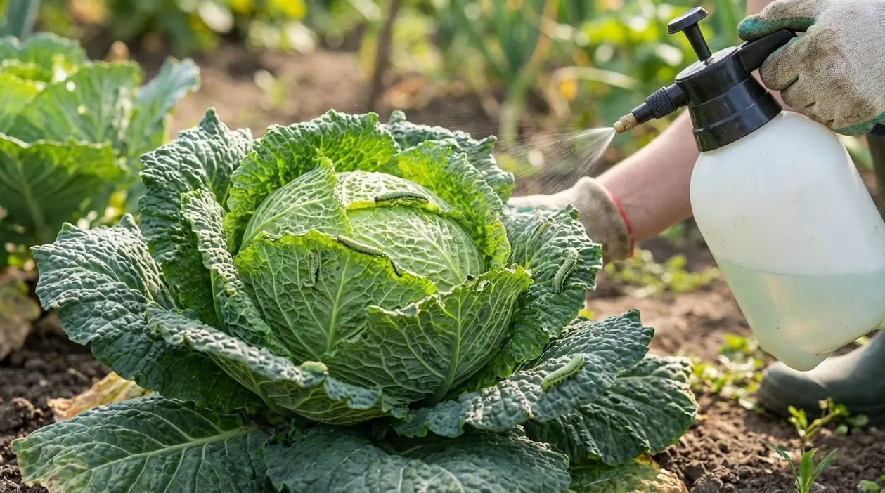 Spruzzatura di un rimedio naturale su un cavolo verza infestato da bruchi nell'orto