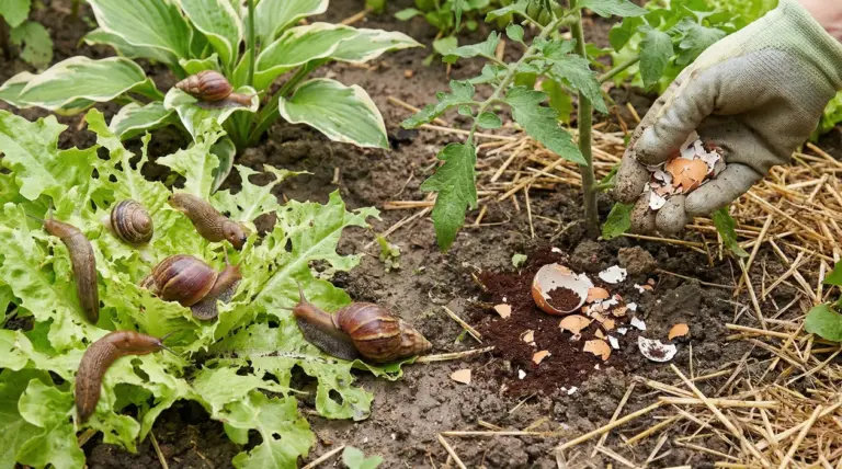 Lumache e limacce su lattuga nell’orto mentre una mano sparge gusci d’uovo come rimedio naturale
