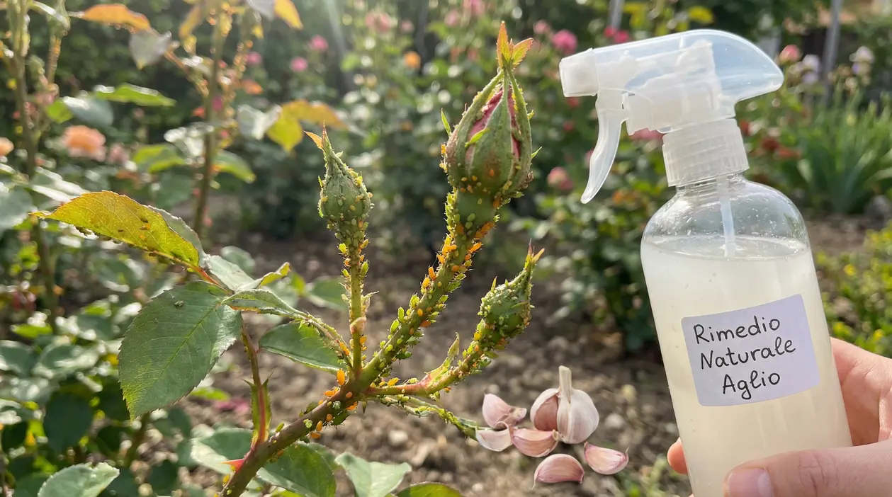 Bocciolo di rosa infestato da afidi e flacone spray con rimedio naturale all’aglio in giardino