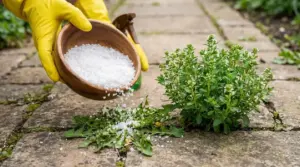 Mani con guanti versano sale grosso su erbacce tra le fughe del pavimento vicino a una pianta ornamentale