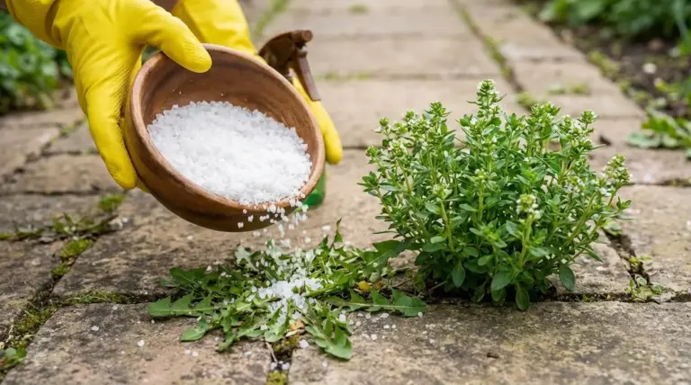 Mani con guanti versano sale grosso su erbacce tra le fughe del pavimento vicino a una pianta ornamentale
