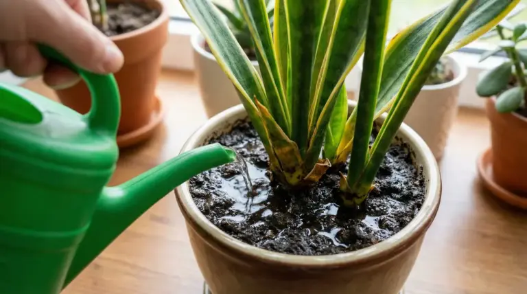Annaffiatura eccessiva di una sansevieria in vaso con terriccio molto bagnato, rischio marciume radicale