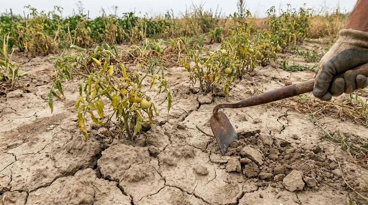 Terreno dell’orto secco e screpolato con piante di pomodoro appassite e una mano che lavora il suolo