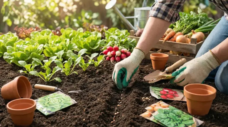 Persona che semina ortaggi nell'orto con bustine di semi, tra lattughe, ravanelli e attrezzi da giardinaggio