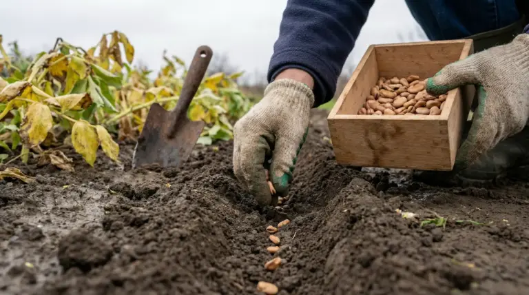 Mani con guanti che seminano fave in un solco dell’orto, con cassetta di semi e paletta nel terreno