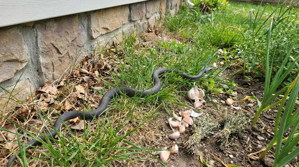 Serpente in giardino vicino al muro di casa, tra erba alta, foglie secche e spicchi d’aglio