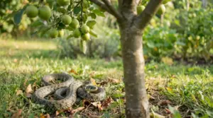 Serpente arrotolato sull’erba sotto un melo con mele verdi in giardino