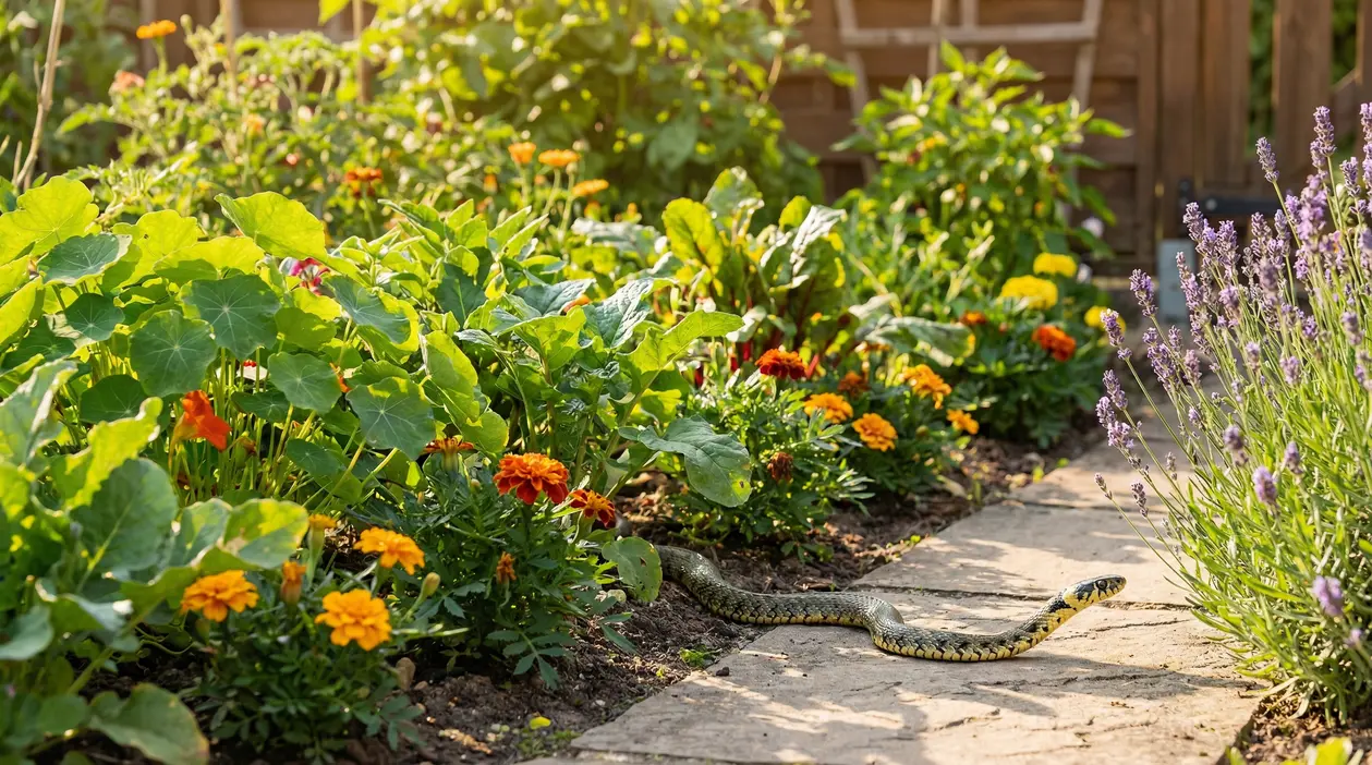 Serpente sul vialetto in un giardino con aiuole fiorite e piante aromatiche vicino alla lavanda