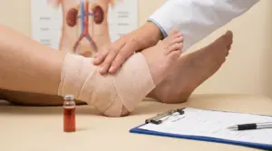 Medico esamina una caviglia gonfia e fasciata, possibile sintomo di problemi renali e ritenzione di liquidi