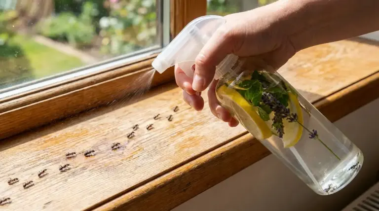 Mano che spruzza uno spray naturale contro le formiche su un davanzale in legno accanto alla finestra