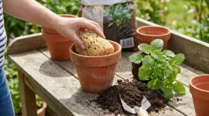 Mano che inserisce una spugna sul fondo di un vaso di terracotta durante il rinvaso di una pianta