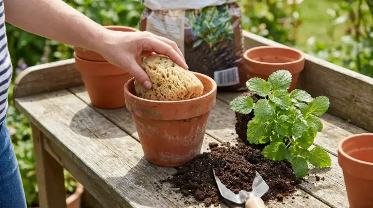 Mano che inserisce una spugna sul fondo di un vaso di terracotta durante il rinvaso di una pianta