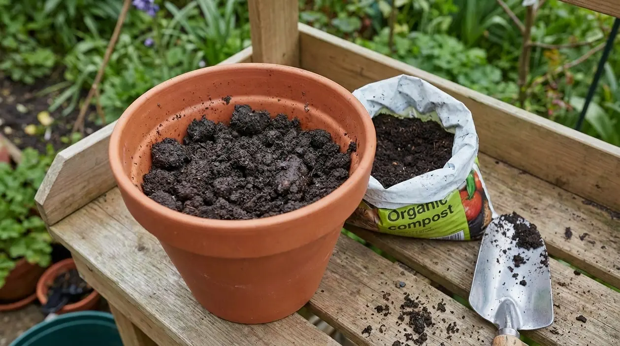 Vaso con terriccio scuro e umido su banco da giardino accanto a sacco di compost e paletta