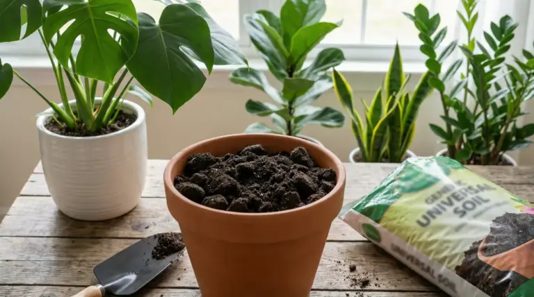 Vaso in terracotta con terriccio e piante da interno sullo sfondo, con paletta e sacco di terriccio universale
