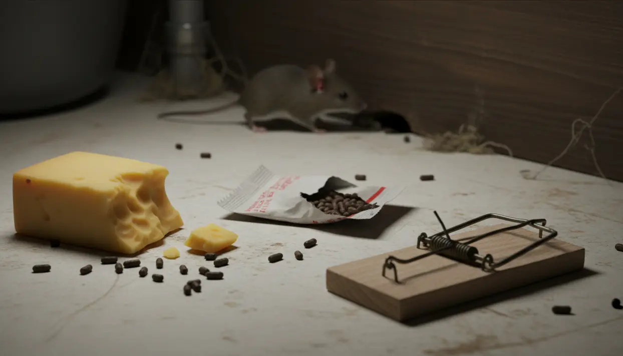 Topo in una cucina vicino a esche e una trappola a molla, con formaggio e pellet sparsi sul pavimento