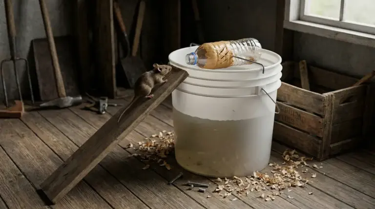 Topo su una tavola di legno vicino a un secchio con bottiglia e burro d’arachidi, trappola fai da te per topi